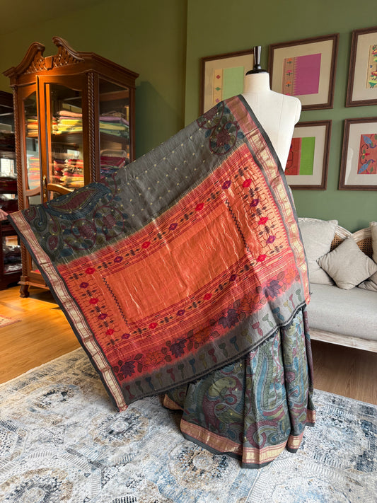 Dark Grey Kalamkari x Paithani with Tava Pallu
