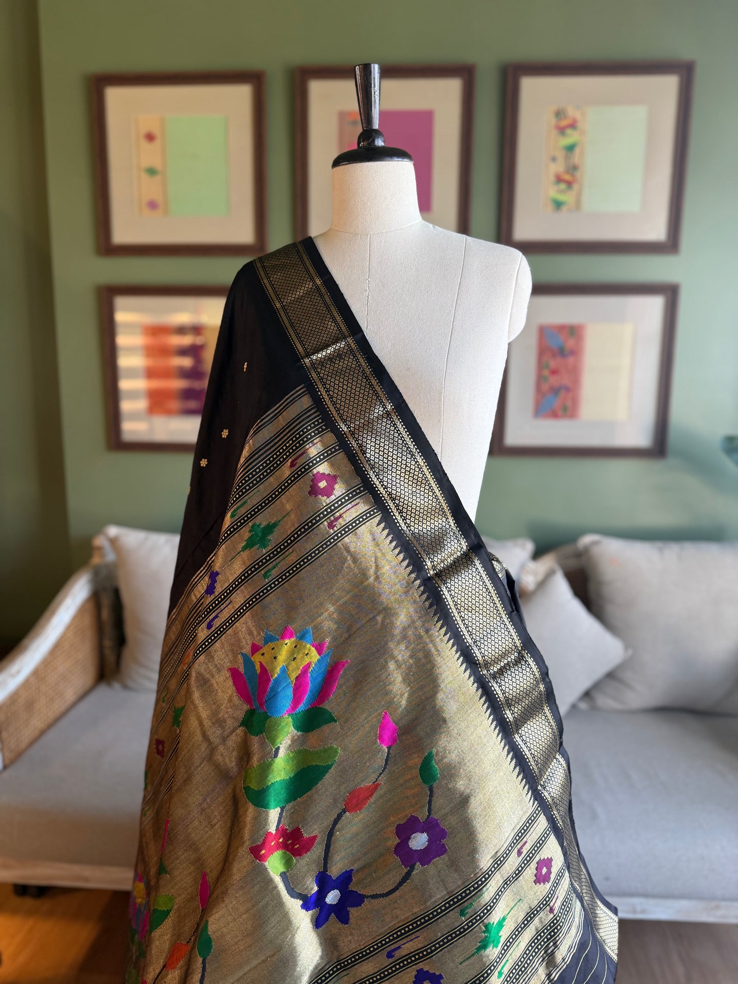 Black Paithani with Lotus Pallu