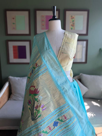 Light Blue Cotton Paithani with Lotus Pallu