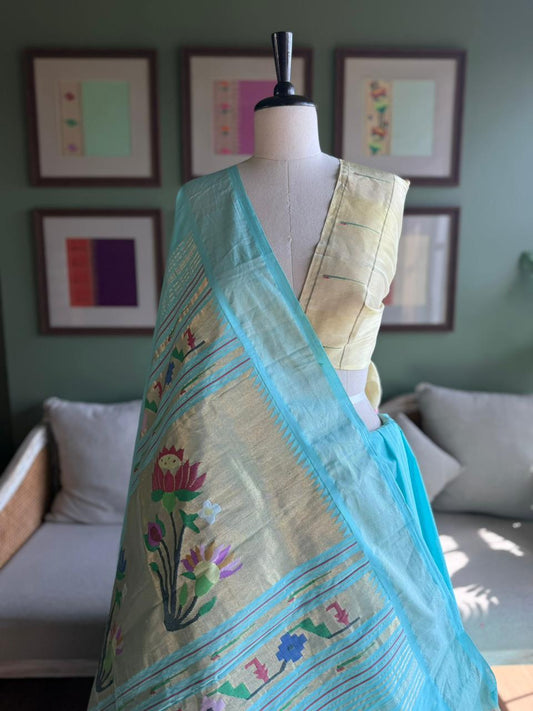 Light Blue Cotton Paithani with Lotus Pallu