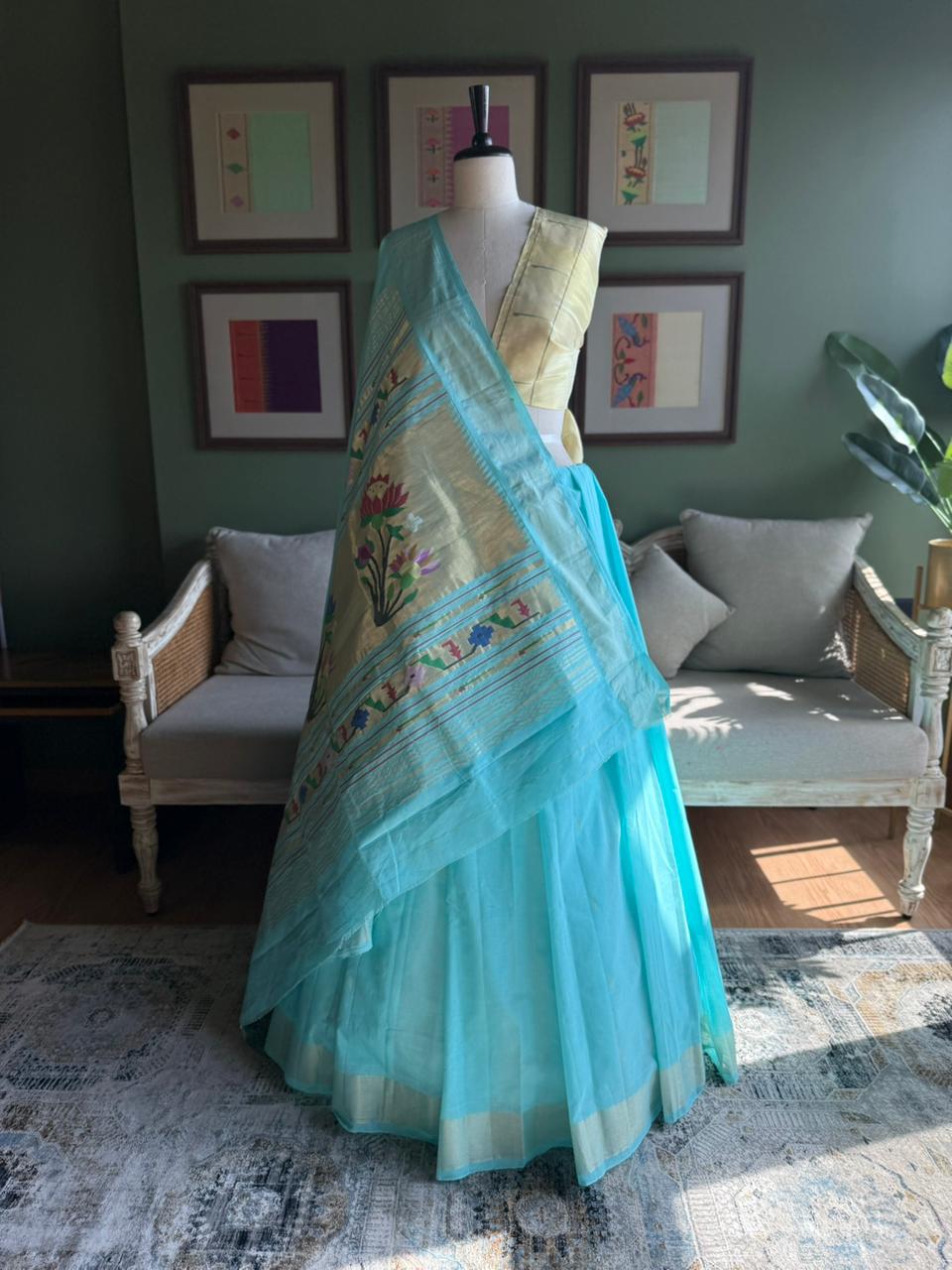Light Blue Cotton Paithani with Lotus Pallu