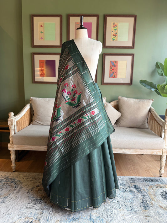 Dark Green Cotton Paithani with Muniya Border and Asavali Pallu
