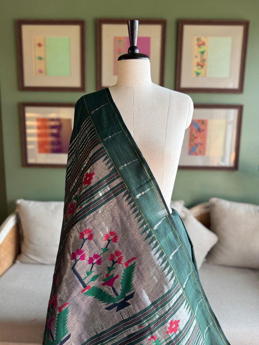 Dark Green Cotton Paithani with Muniya Border and Asavali Pallu