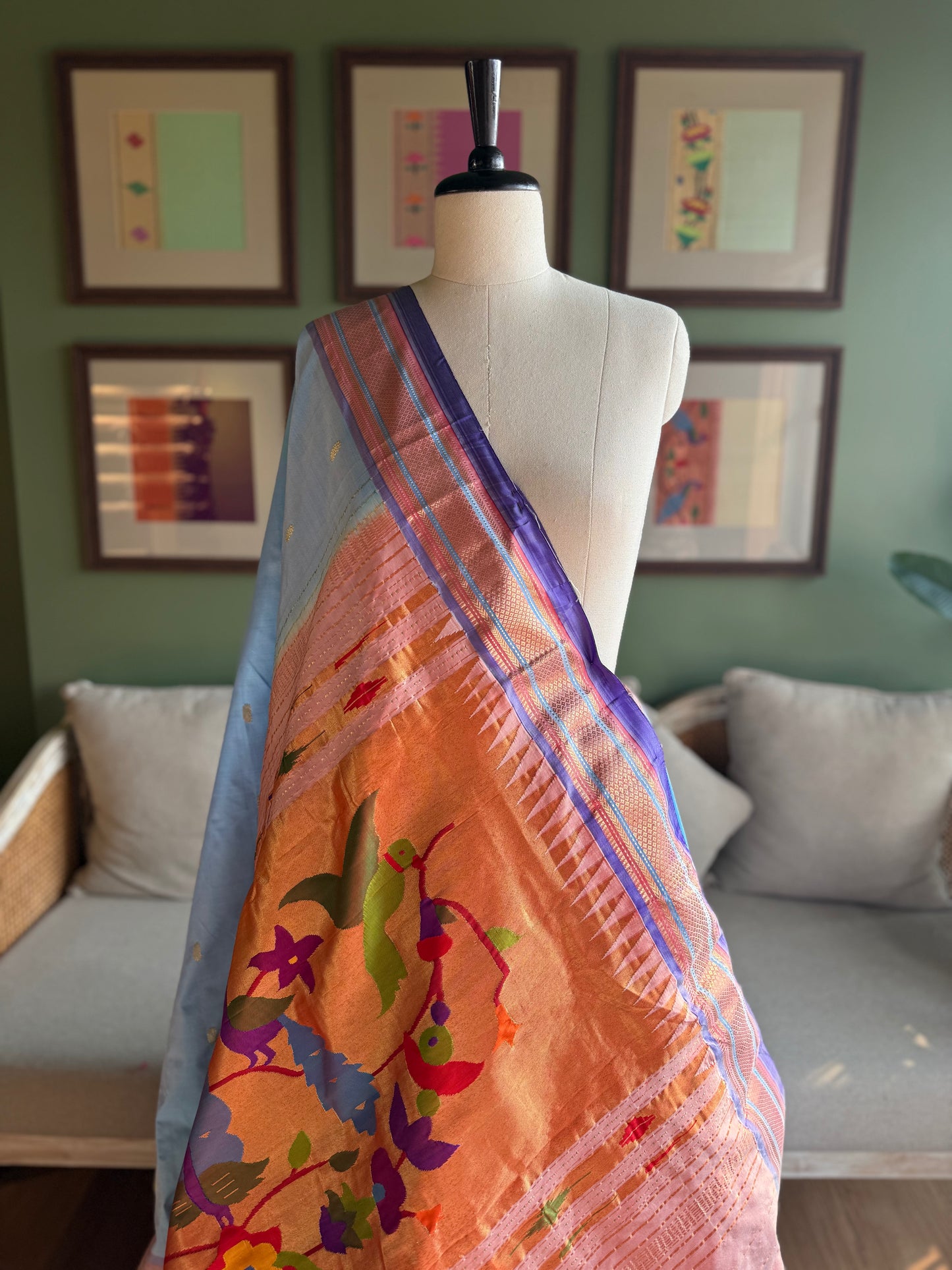 Light Blue Paithani with Peacock Parrot Pallu