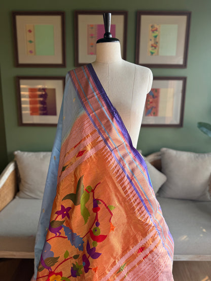 Light Blue Paithani with Peacock Parrot Pallu
