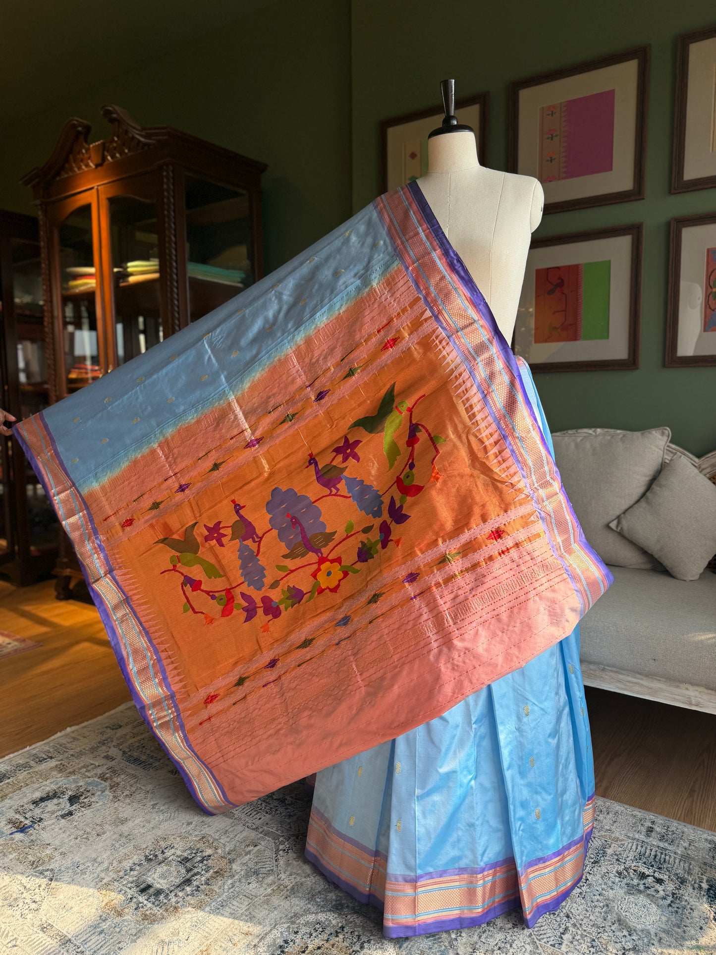 Light Blue Paithani with Peacock Parrot Pallu