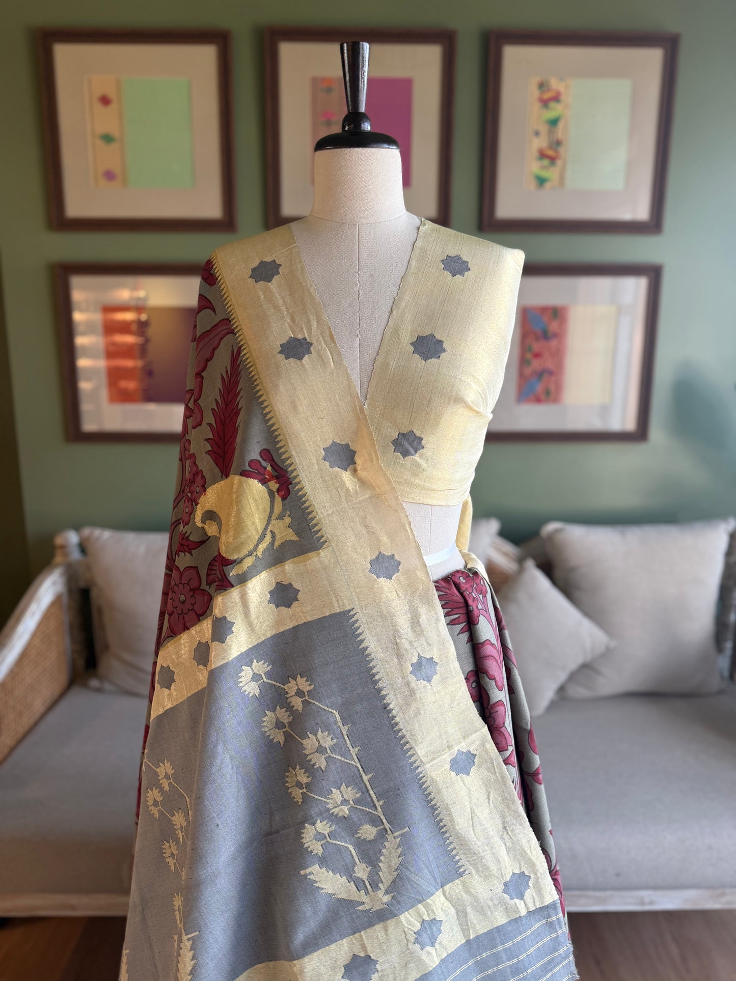 Red and Grey Kalamkari x Paithani with Asavali Pallu