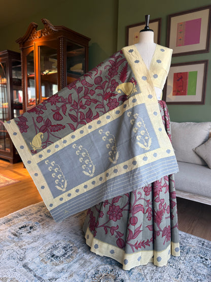 Red and Grey Kalamkari x Paithani with Asavali Pallu