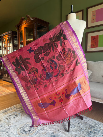 Pink Kalamkari x Paithani Dupatta with Peacock Pallu