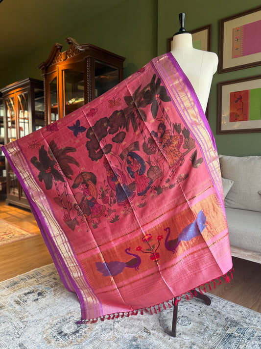 Pink Kalamkari x Paithani Dupatta with Peacock Pallu