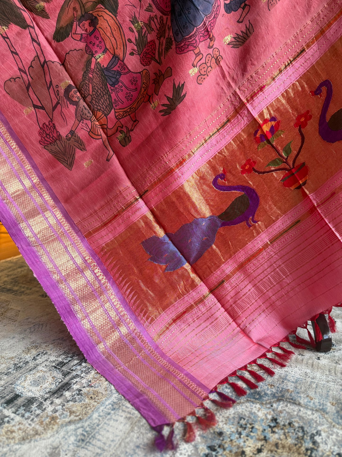 Pink Kalamkari x Paithani Dupatta with Peacock Pallu
