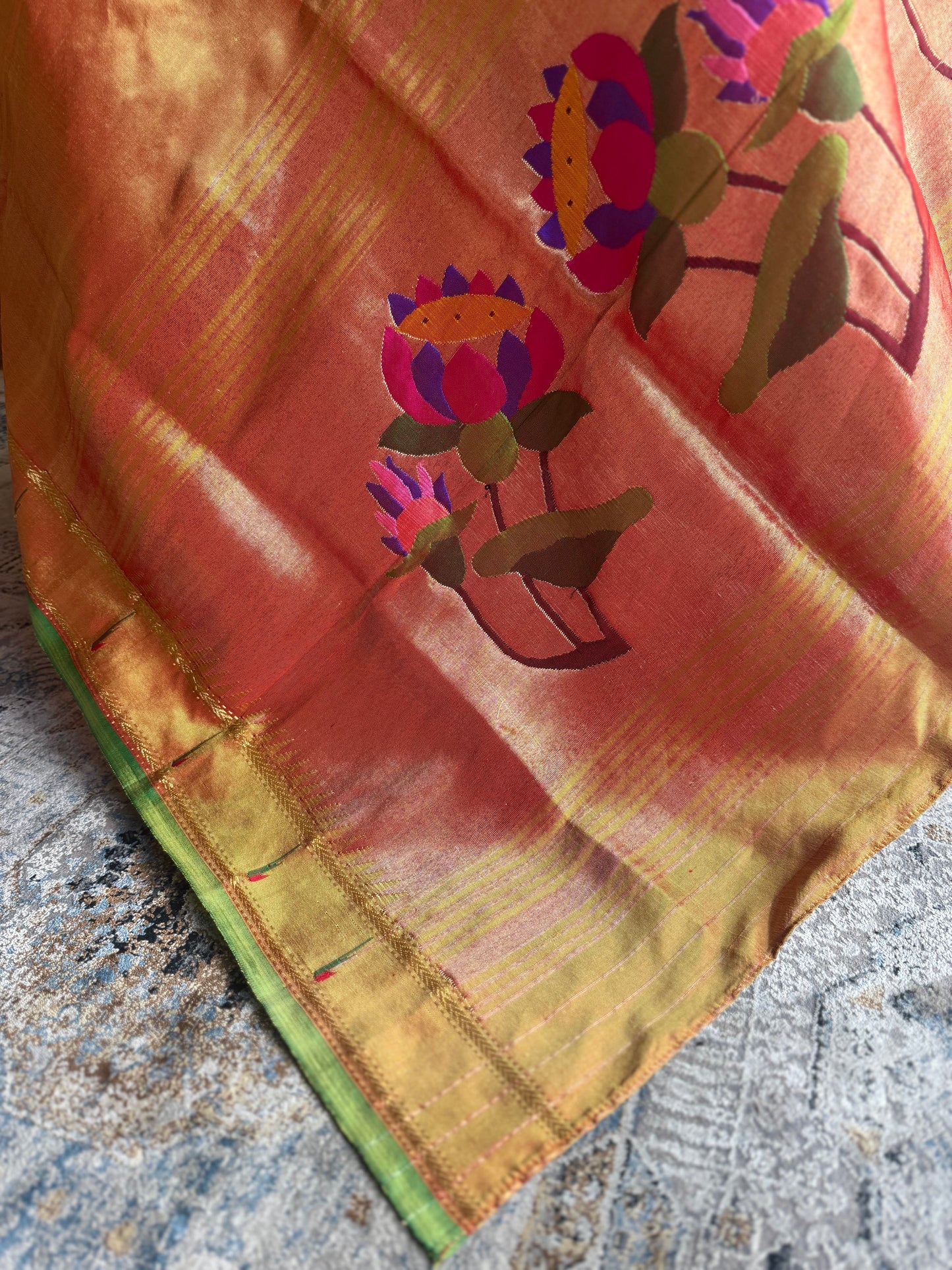 Orange Tissue Dupatta with Muniya Border and Lotus Pallu