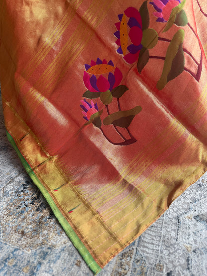 Orange Tissue Dupatta with Muniya Border and Lotus Pallu