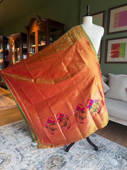 Orange Tissue Dupatta with Muniya Border and Lotus Pallu