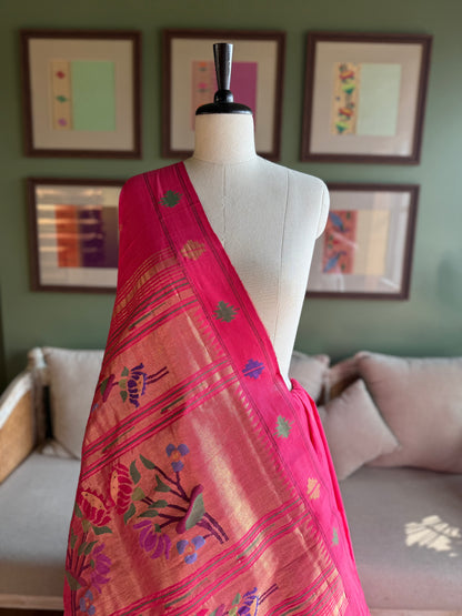 Bright Pink Paithani with Barao Panja Border & Lotus Pallu