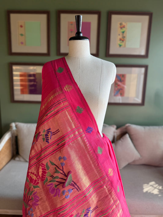 Bright Pink Paithani with Barao Panja Border & Lotus Pallu
