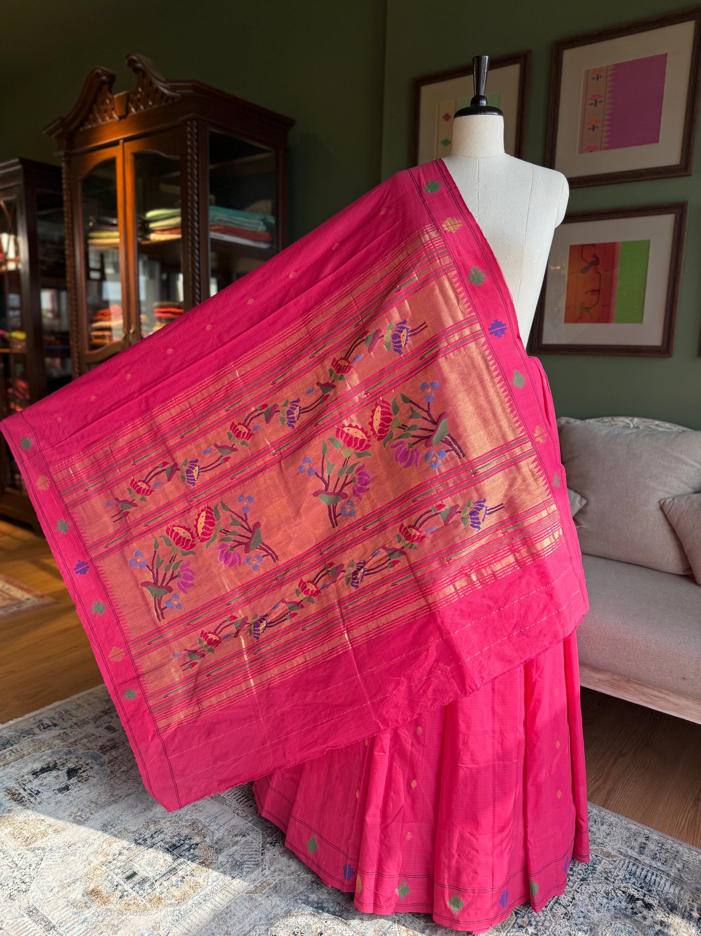 Bright Pink Paithani with Barao Panja Border & Lotus Pallu