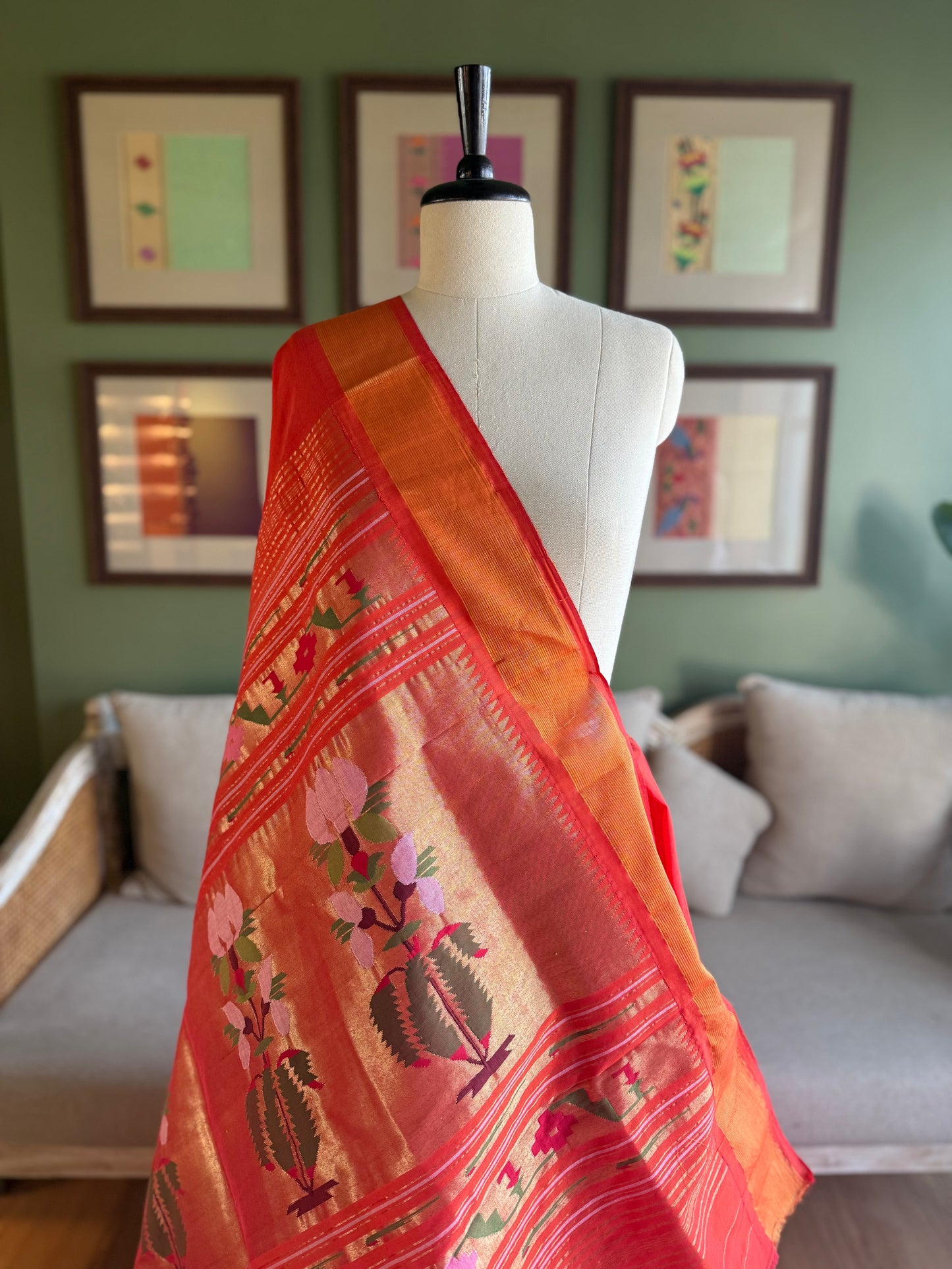 Red x Orange Cotton Paithani with Floral Pallu