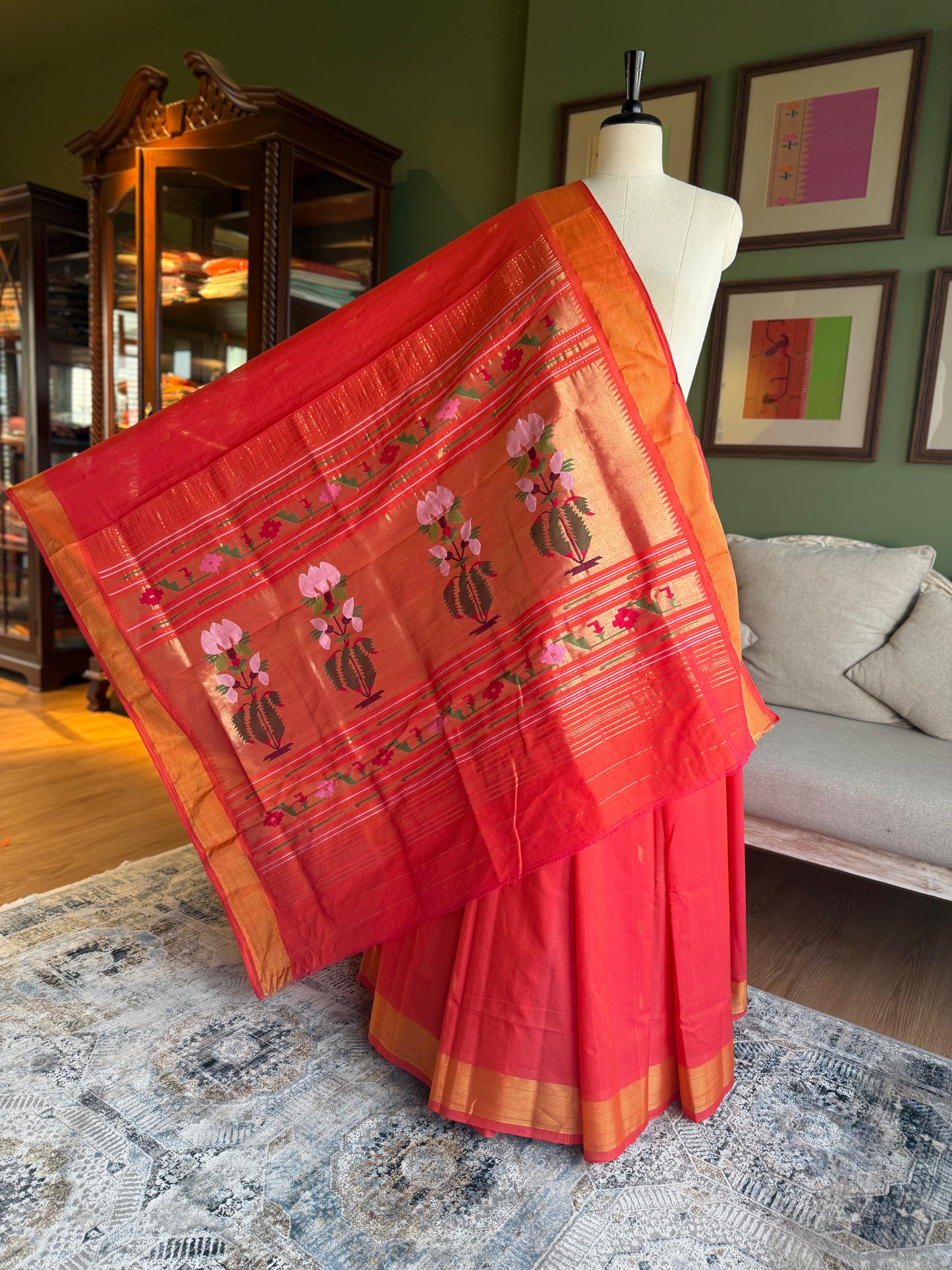Red x Orange Cotton Paithani with Floral Pallu