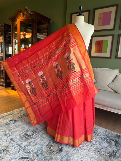 Red x Orange Cotton Paithani with Floral Pallu
