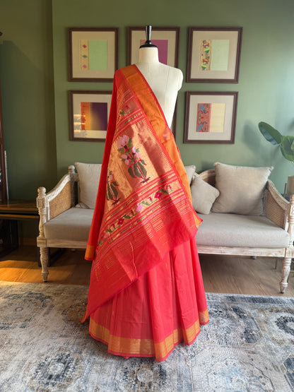 Red x Orange Cotton Paithani with Floral Pallu