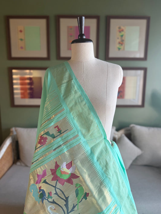 Minty Blue Cotton Paithani with Swan-Peacock Pallu