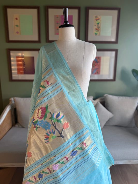 Light Blue Cotton Paithani with Peacock-Lotus Pallu