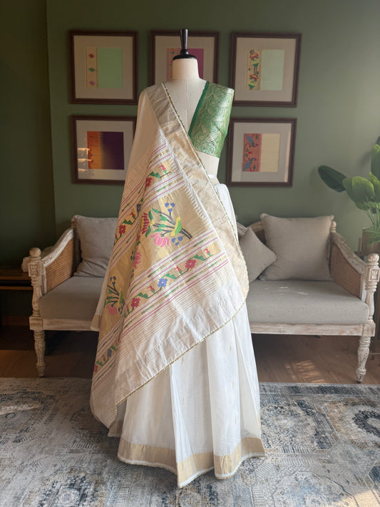 White Cotton Paithani with Lotus Pallu