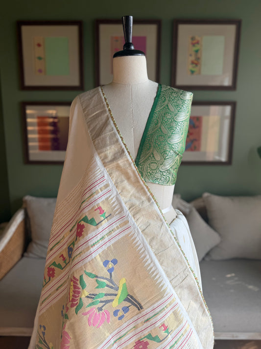 White Cotton Paithani with Lotus Pallu