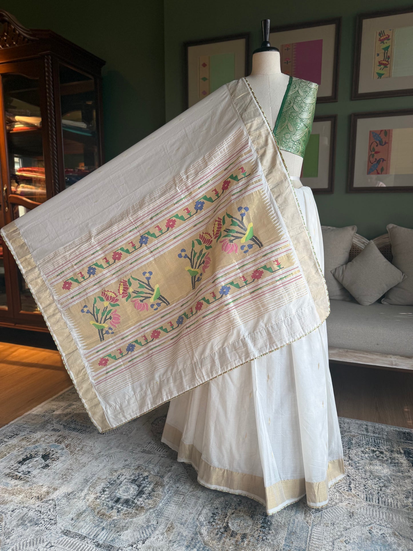 White Cotton Paithani with Lotus Pallu