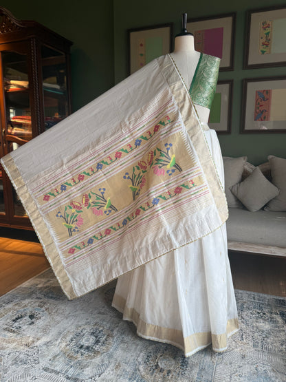 White Cotton Paithani with Lotus Pallu