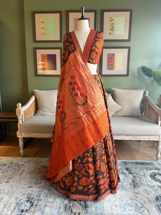 Orange and Black Kalamkari x Paithani with Asavali Pallu