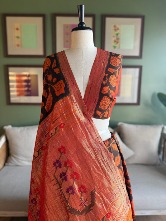 Orange and Black Kalamkari x Paithani with Asavali Pallu