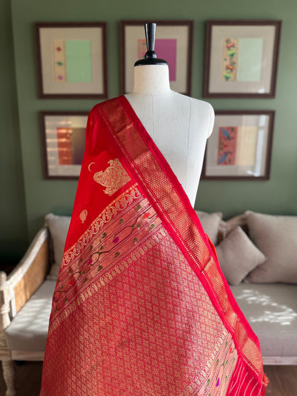 Orange Red Paithani with Chandrakor Butti & Vintage Pallu (WITH FLAW)