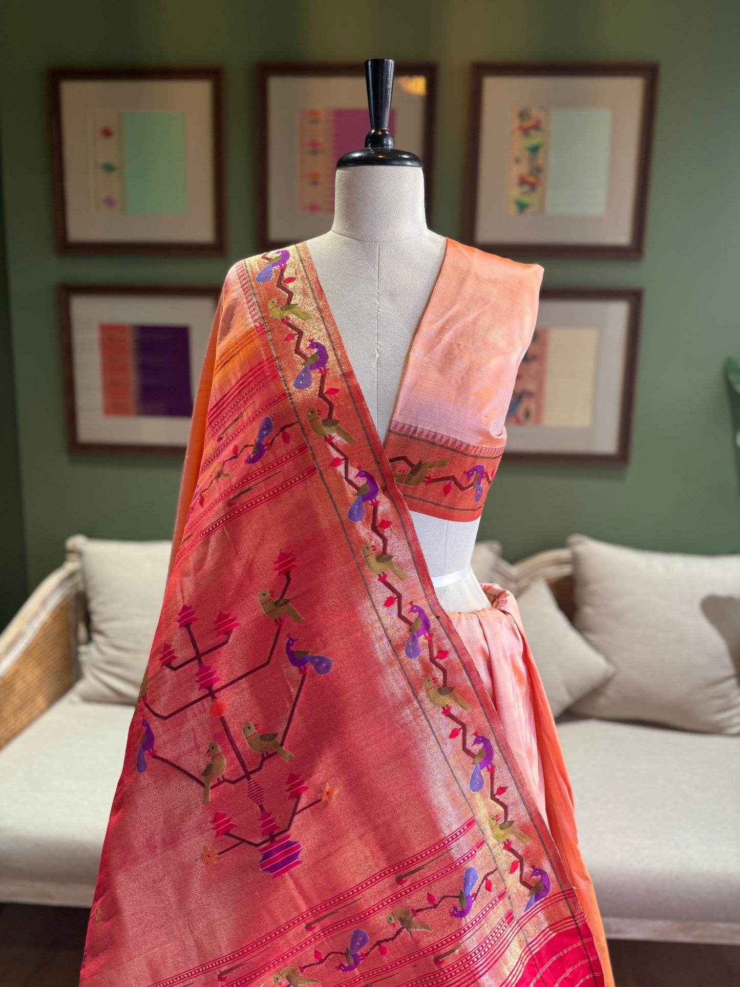 Peach Paithani with Mor Popat Border and Pallu
