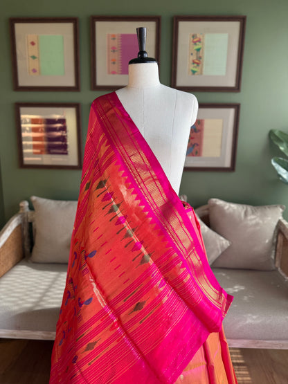 Pink x Peach Paithani with Contrast Border and Classic Pallu