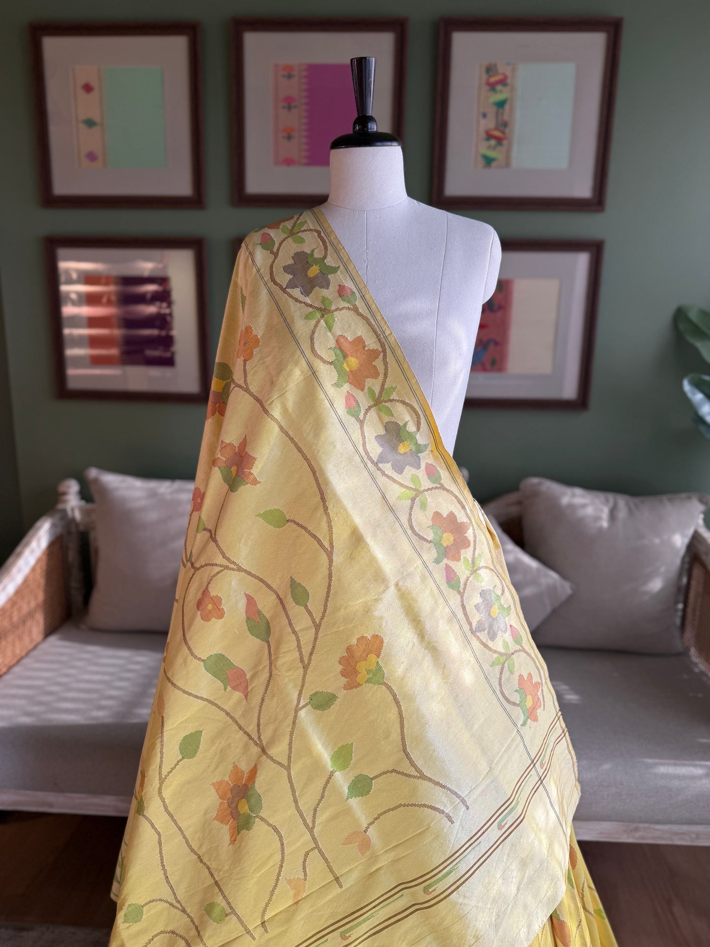 Butter Yellow Tissue Paithani with All Over Floral Jaal Design