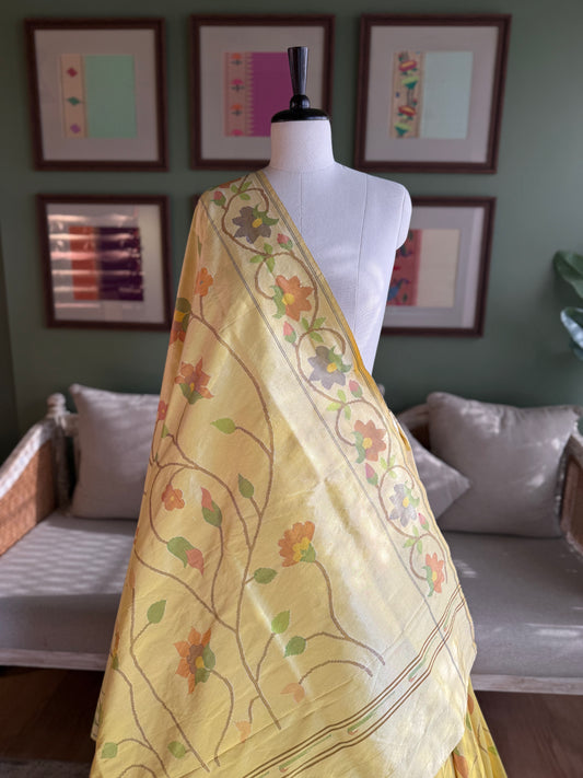 Butter Yellow Tissue Paithani with All Over Floral Jaal Design
