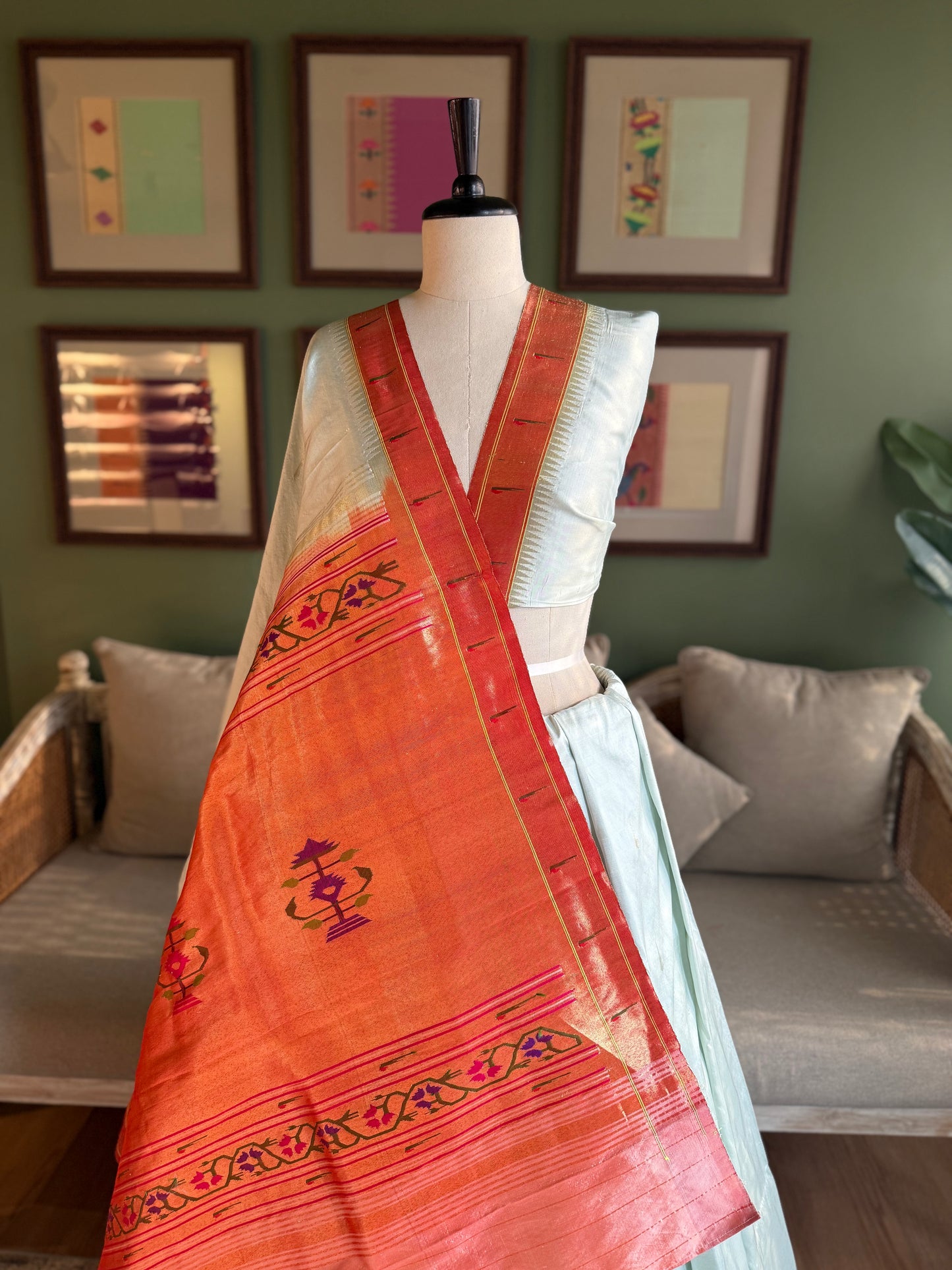 Light Grey x White Paithani with Muniya Butti and Asavali Pallu