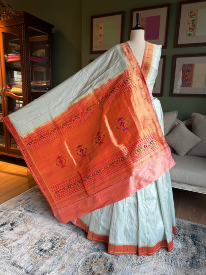 Light Grey x White Paithani with Muniya Butti and Asavali Pallu