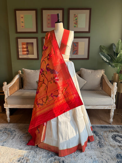 Ivory Tissue Paithani with Red Muniya Border and Peacock Pallu