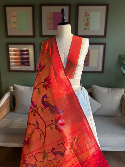 Ivory Tissue Paithani with Red Muniya Border and Peacock Pallu