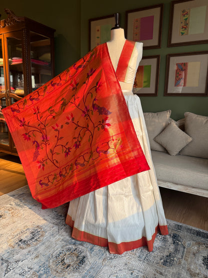 Ivory Tissue Paithani with Red Muniya Border and Peacock Pallu