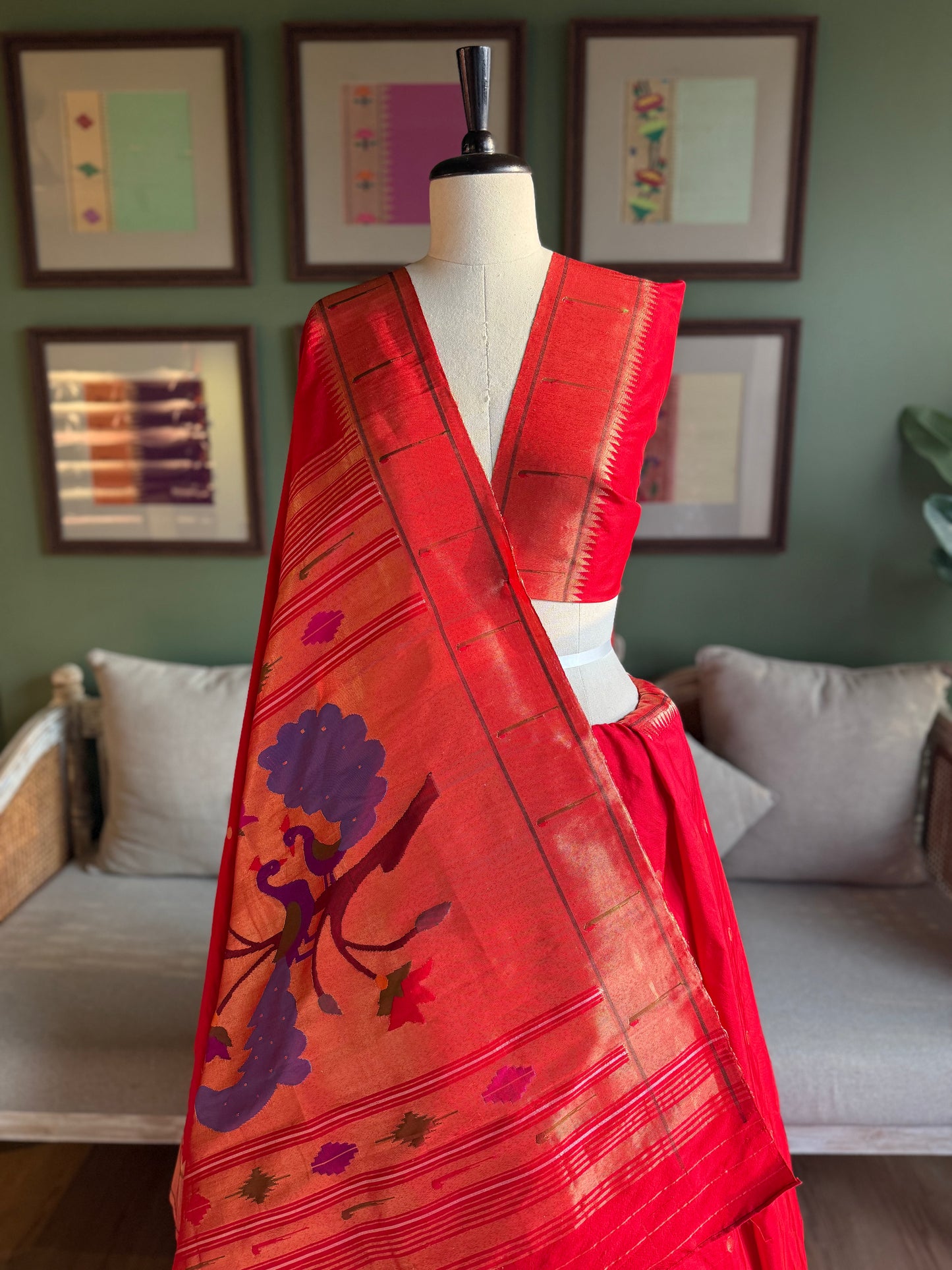 Red Paithani with Muniya Border and Peacock Pallu