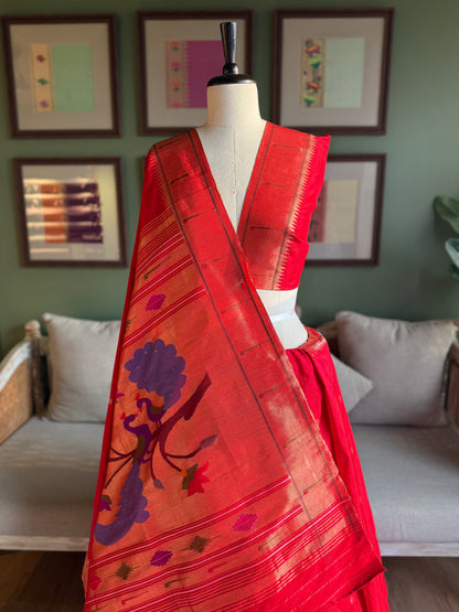 Red Paithani with Muniya Border and Peacock Pallu