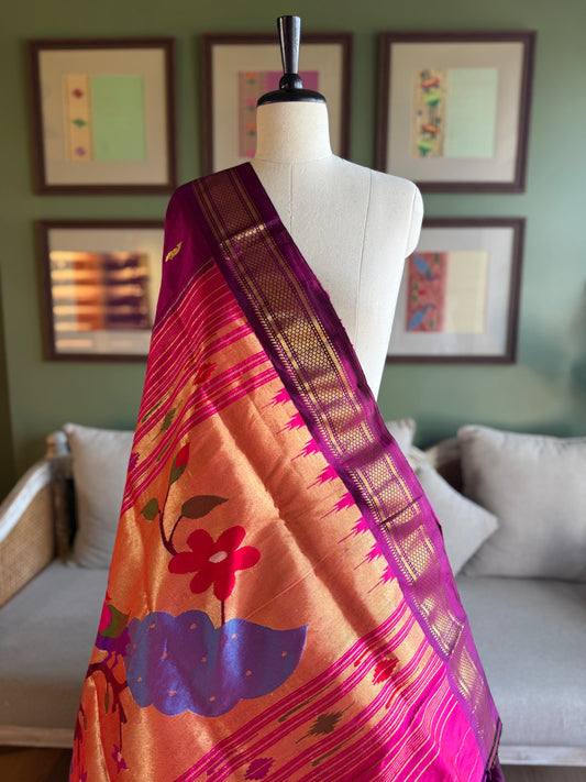 Deep Wine Paithani with Large Peacock Pallu