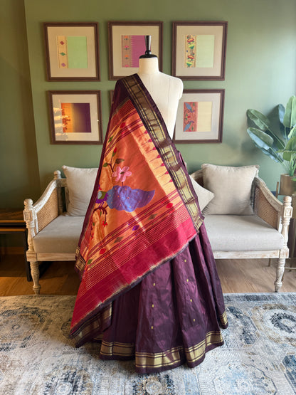 Deep Brown Paithani with Large Peacock Pallu