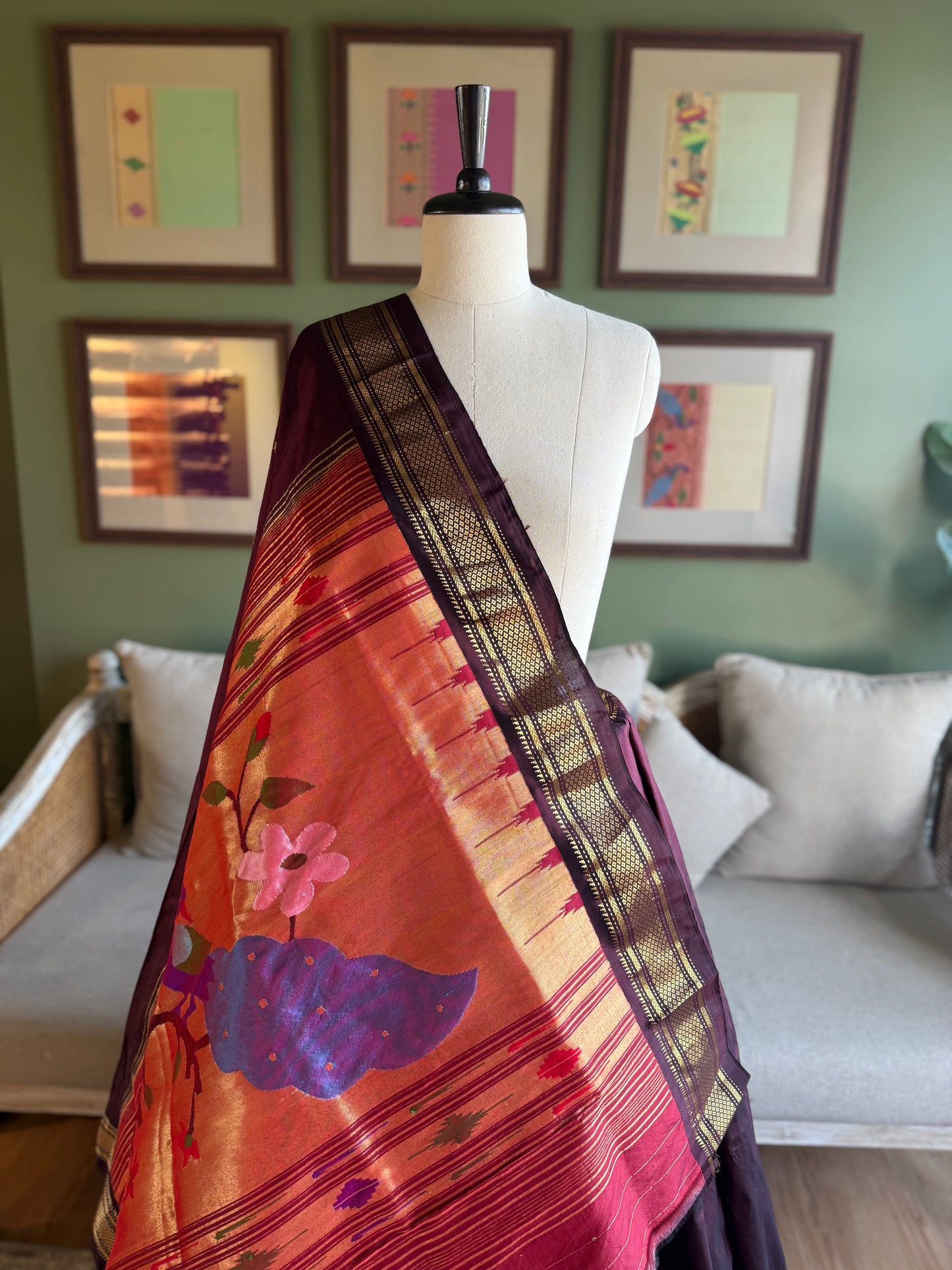 Deep Brown Paithani with Large Peacock Pallu
