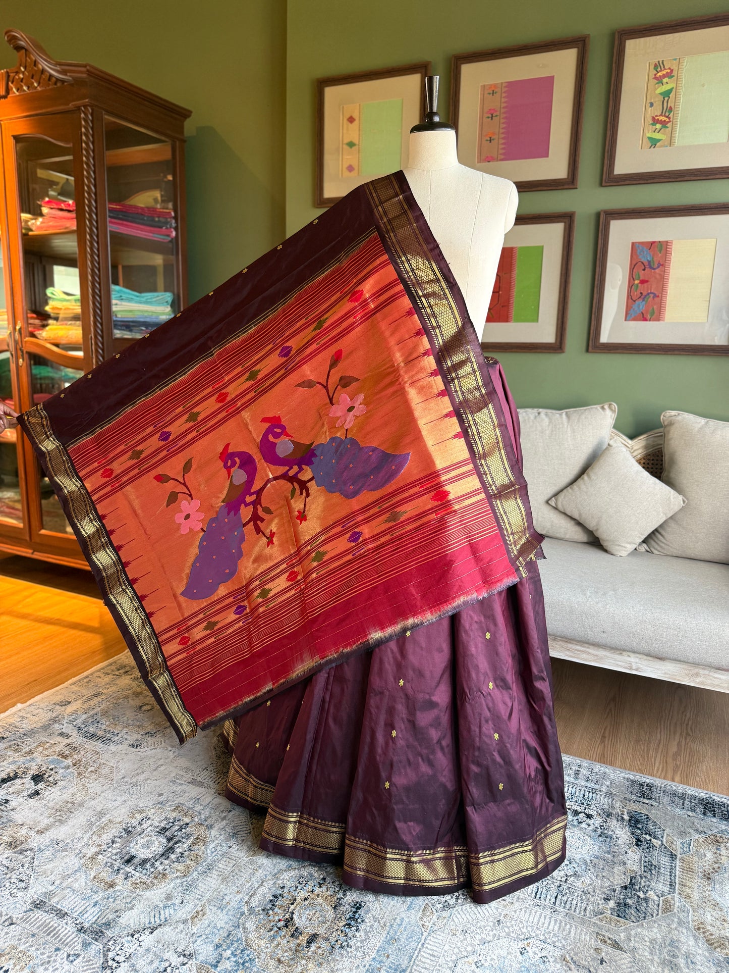 Deep Brown Paithani with Large Peacock Pallu