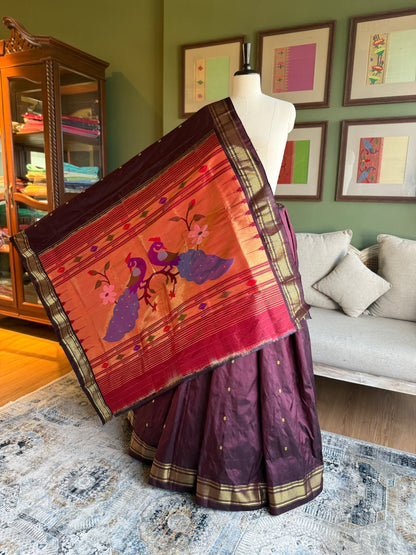 Deep Brown Paithani with Large Peacock Pallu